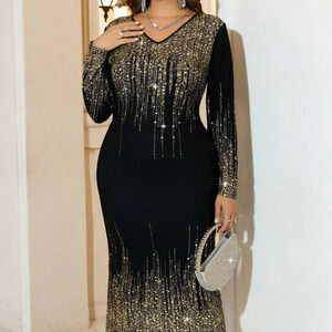 Black Party Women's Plus Size V-Neck Long Sleeve Floral Print Fitted Dress
